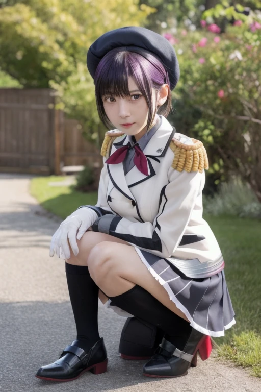  1 girl, Alone, Smart, beret,  white gloves,  miniskirt that snaps around the knee, kneehighs, Higuchi Madoka,  review, mole under eye, mole, Hair accessories,  hair clips,  shorthair , bangs,  purple eyes,  COWBOY SHOOTING , Outdoor,I'll show you a pregnant woman crouching pussy