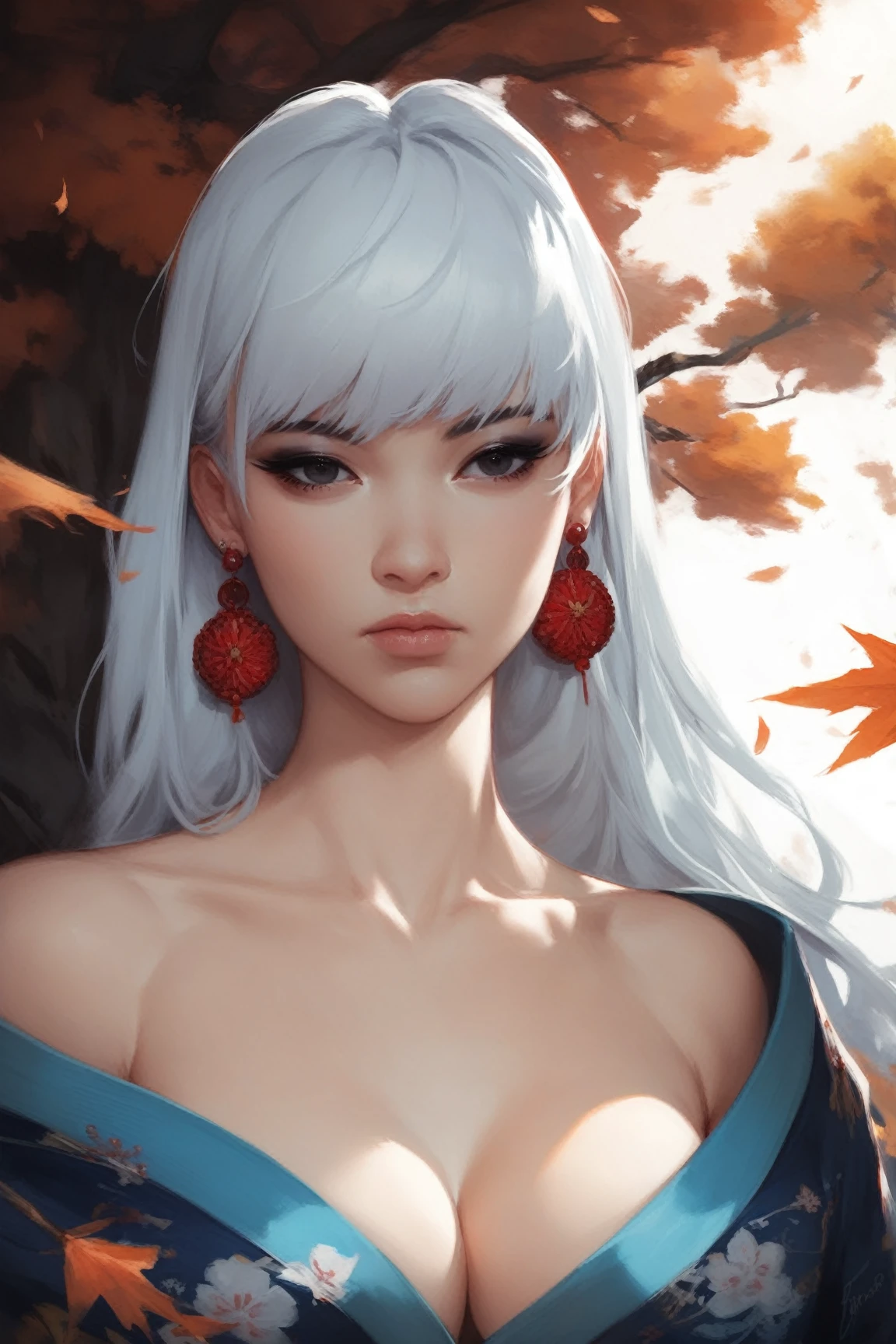 1girl, asian girl, upper body, expressionless, pale skin, black eyes, black eyeshadow, blue white hair, long hair, straight hair, bangs, makeup, earrings, kimono, off shoulder, cleavage, light armor, dramatic lighting, autumn, dreamlike, highly detailed, dark fantasy oil painting

