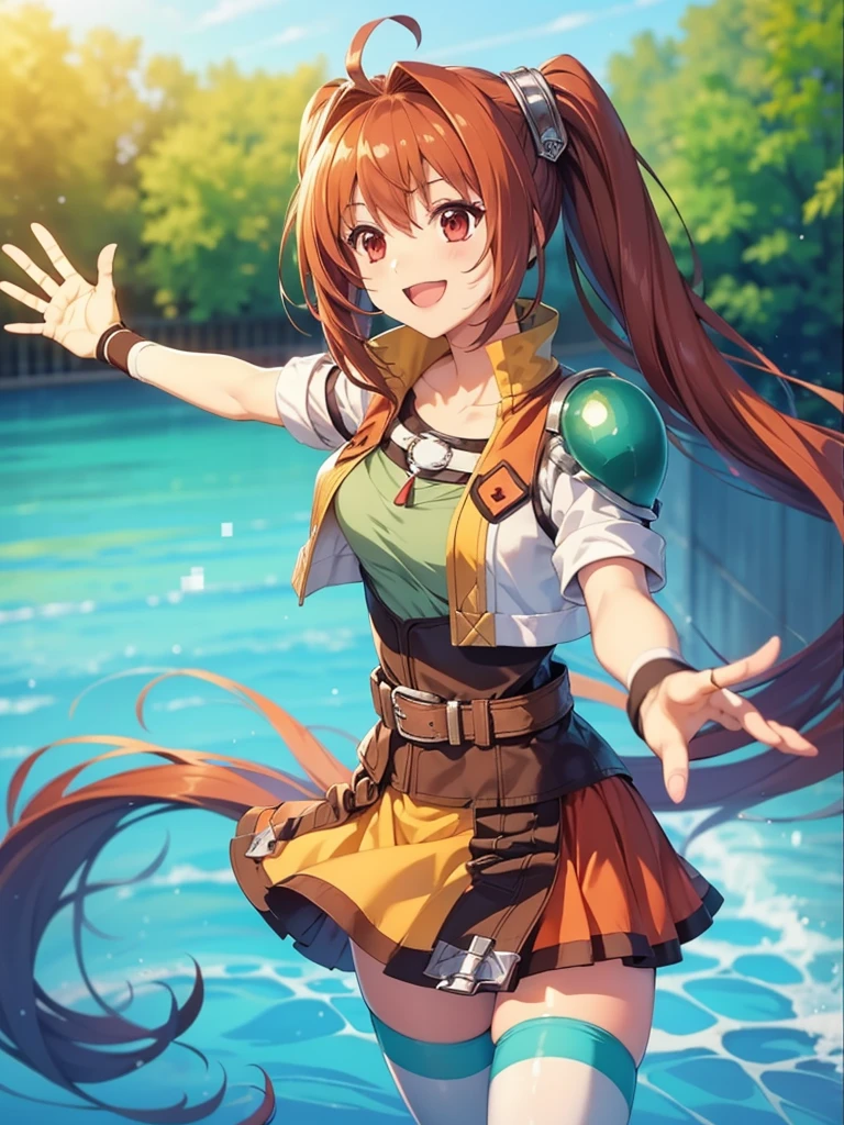 (masutepiece, Best Quality, hight resolution, nffsw, Perfect Pixel, depth of fields, 4K), Beautiful anime girl, Perfect body ,,,scEstelle, cropped jacket, green shoulder pad, tan shirt, orange skirt, belt, white thighhighs, (waving gesture), smile , open the mouth,