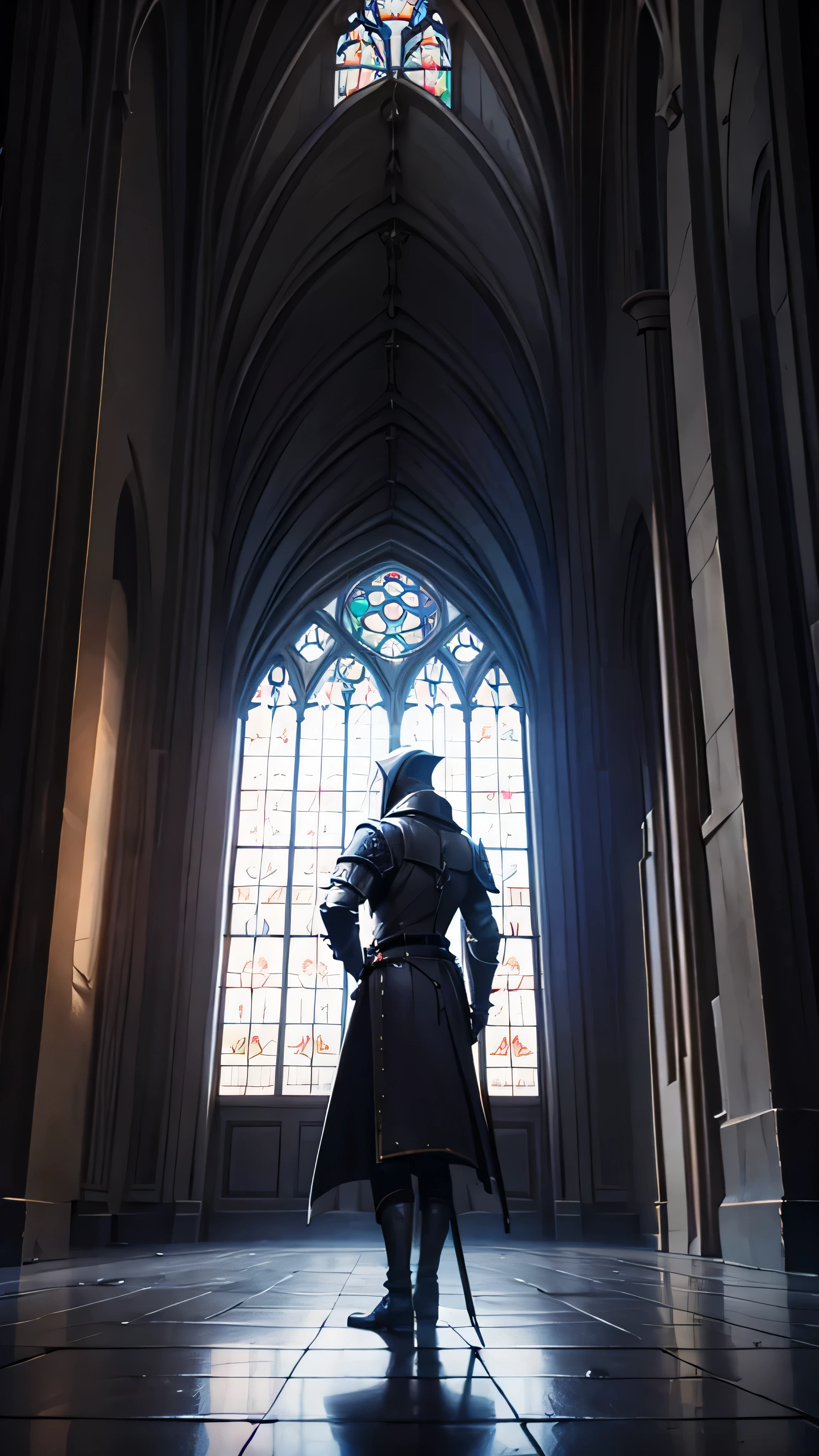  Fisheye Lens , Portrait of a medieval knight standing in a Gothic church, Wet Stone,  puddle, Infinite Vault, Bloodborne,  Dramatic Light ,  discreet ,  candlelight 