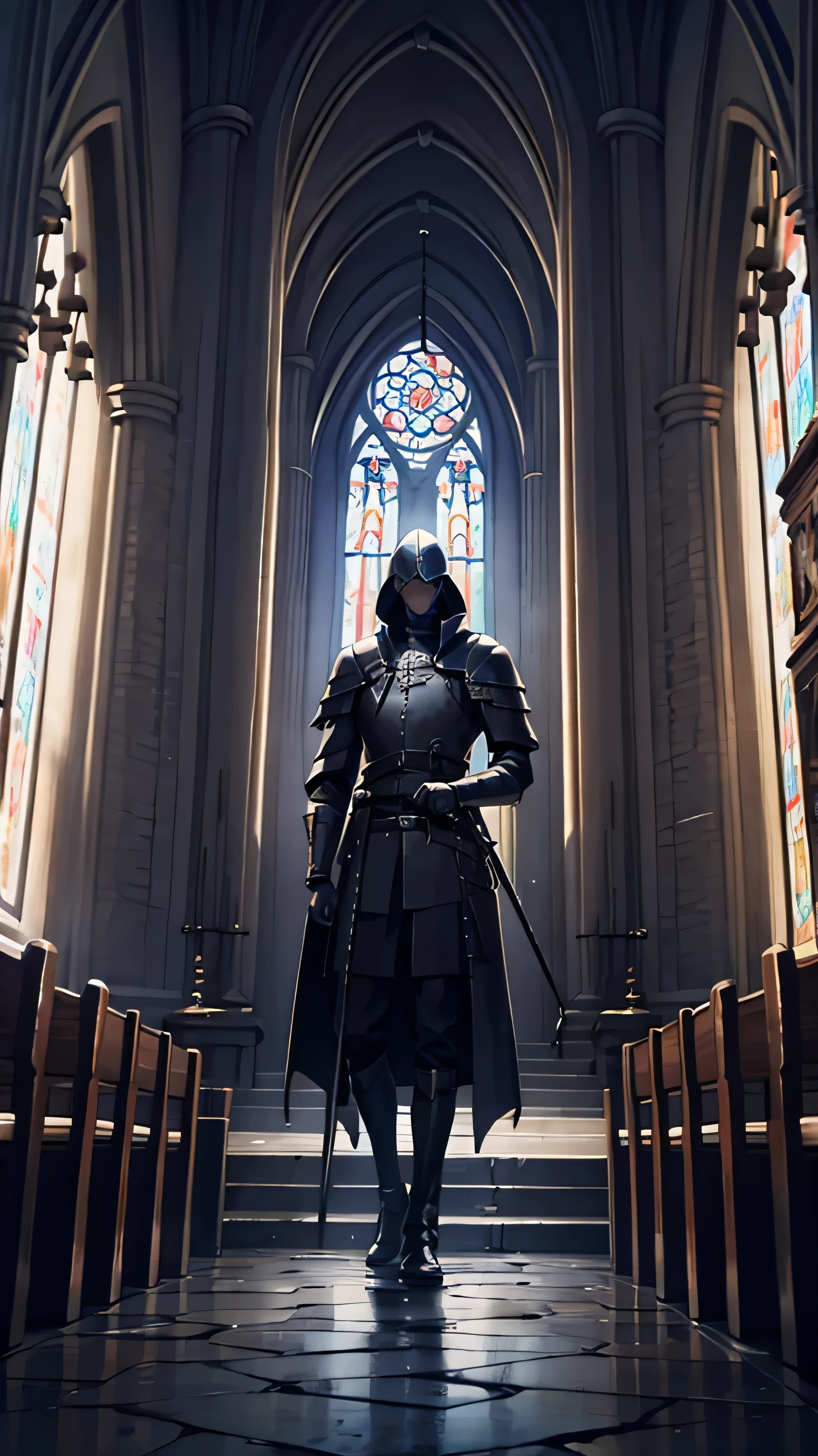  Fisheye Lens , Portrait of a medieval knight standing in a Gothic church, Wet Stone,  puddle, Infinite Vault, Bloodborne,  Dramatic Light ,  discreet ,  candlelight 