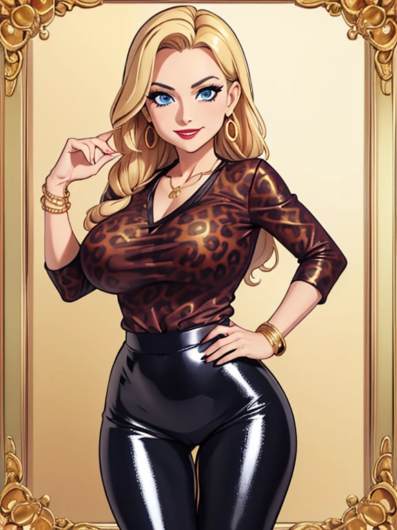 (masterpiece:1.2), best quality, high resolution, unity 8k wallpaper, (illustration:0.8), 1girl, solo, 48-year-old woman, long blonde hair, blue eyes, milf, milf, mature female, mascara, eyeshadow, red lipstick, grinning, sultry, sultry face, wrinkles around the face, (Wearing: Leopard printed blouse, shiny black leggings, golden earrings, golden bracelets)
