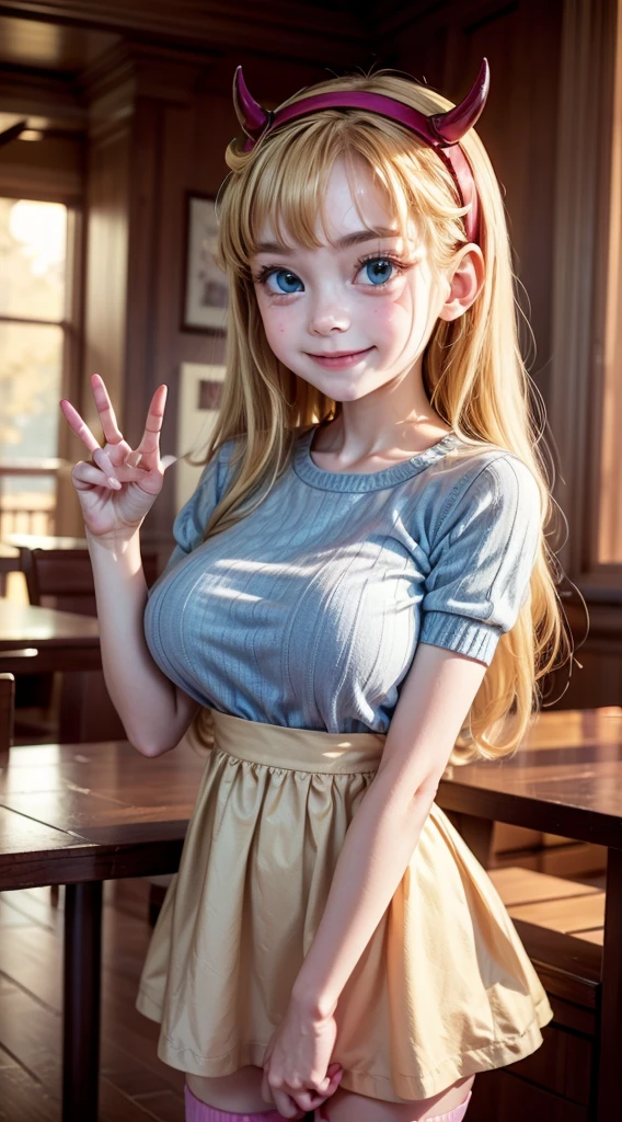 16k, highres, masterpiece, best quality, realistic, cinematic photo a very short girl, solo, (looking at viewer:1.2), high definition, 8K, detailed face, grabbing her breast, showing her breast,  (1girl,blonde hair, (blue eyes:1.3), long hair, straight hair, red devil horns, hairband, heart-shaped cheek marks, closed mouth,smile)), (( white blouse, blue jumper dress, striped knee-high socks, pink satchel with cartoon design, milkshake cup, waving hand pose, cheerful expression, indoor setting, sunlit background, wooden furniture, bright atmosphere.
))), luminous forest,((large breasts)), slim and thin, body of equal proportions, ((focus on her breast)), front view, four fingers and 1 thumb, ((2 hands)), Blonde hair, Beautiful smile, Smiling at viewer, blushing cheeks, (brown eyes:1.2),

