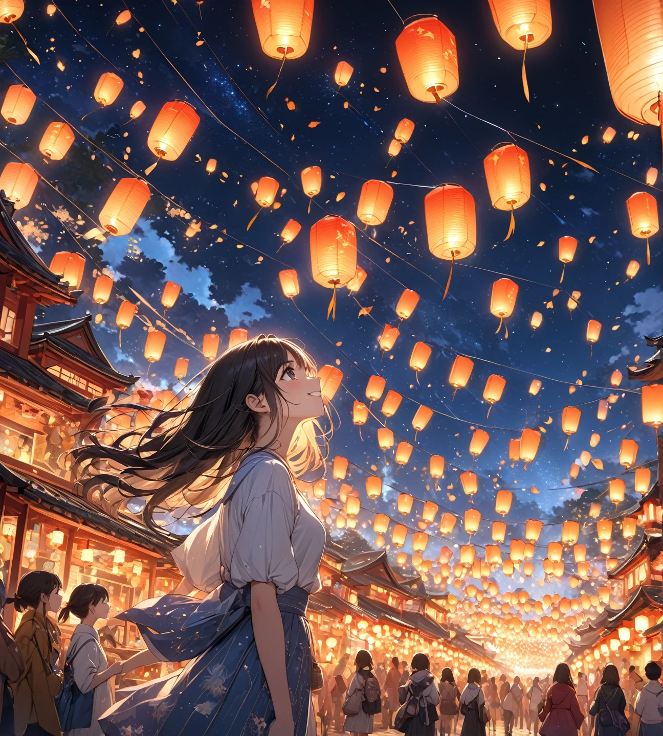 1girl,beautiful detailed black eyes, beautiful detailed face,playing kites, kites, bright smile, looking up, from side, nigh time, many flying lantern on the sky, floating lanterns,sky with various connected star astrological sign, Sagittarius star ,glowing lantern, lantern festival, amazing quality, masterpiece, high detailed, 4K UHD,