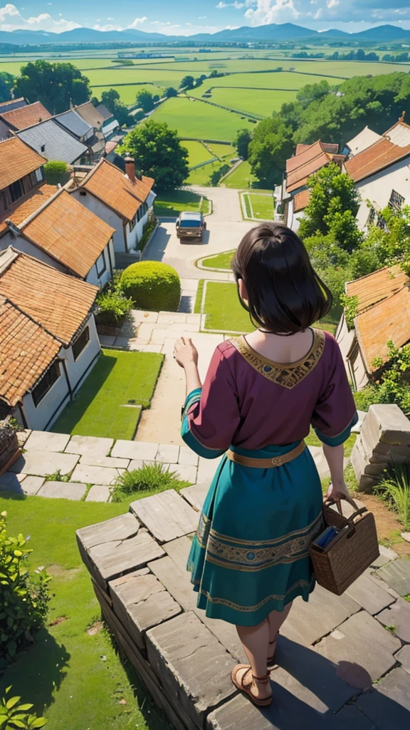 Ancestral people in a village, with a view from above