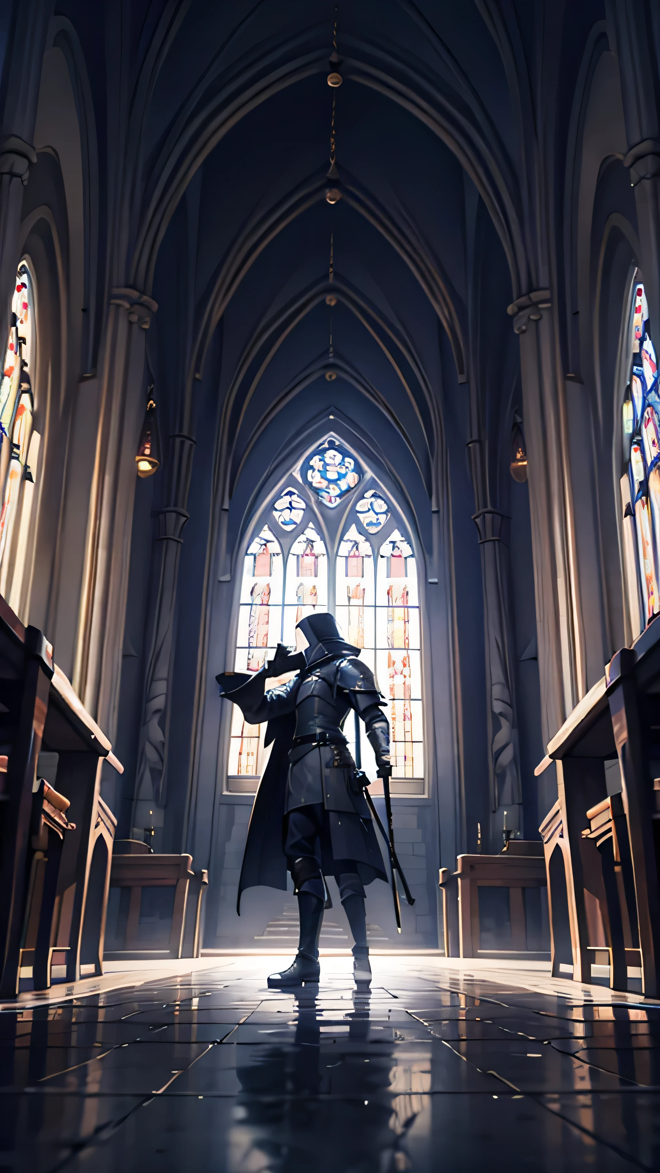  Fisheye Lens , Portrait of a medieval knight standing in a Gothic church, Wet Stone,  puddle, Infinite Vault, Bloodborne,  Dramatic Light ,  discreet ,  candlelight 