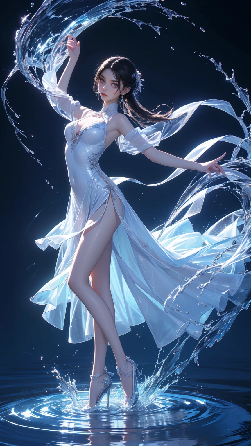 1 Chinese girl ,  small waist  ,  perfect chest and hips , White skin , White hair , Wear a white wedding dress , Fantasy Dress  , Dance  , Blue background ,  Land of Water Magic ,  water magic  ,   water buoyancy  ,  water floats in the air , Hand drawing  ,  water swirling back and forth  