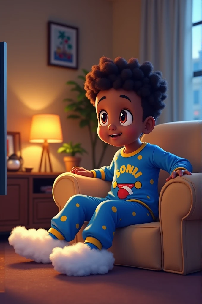 a cute black boy in pajamas, 1 boy, beautiful detailed eyes, beautiful detailed lips, extremely detailed face, long eyelashes, cute innocent expression, pajamas, cozy interior, soft lighting, warm colors, detailed environment, photorealistic, highly detailed, 8K, masterpiece, cinematic lighting, dramatic lighting