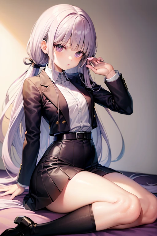 Kyoko kirigiri Wearing white unbuttoned shirt, black skirts, long socks, lavender hair with french braid, busty, small waist, thighs