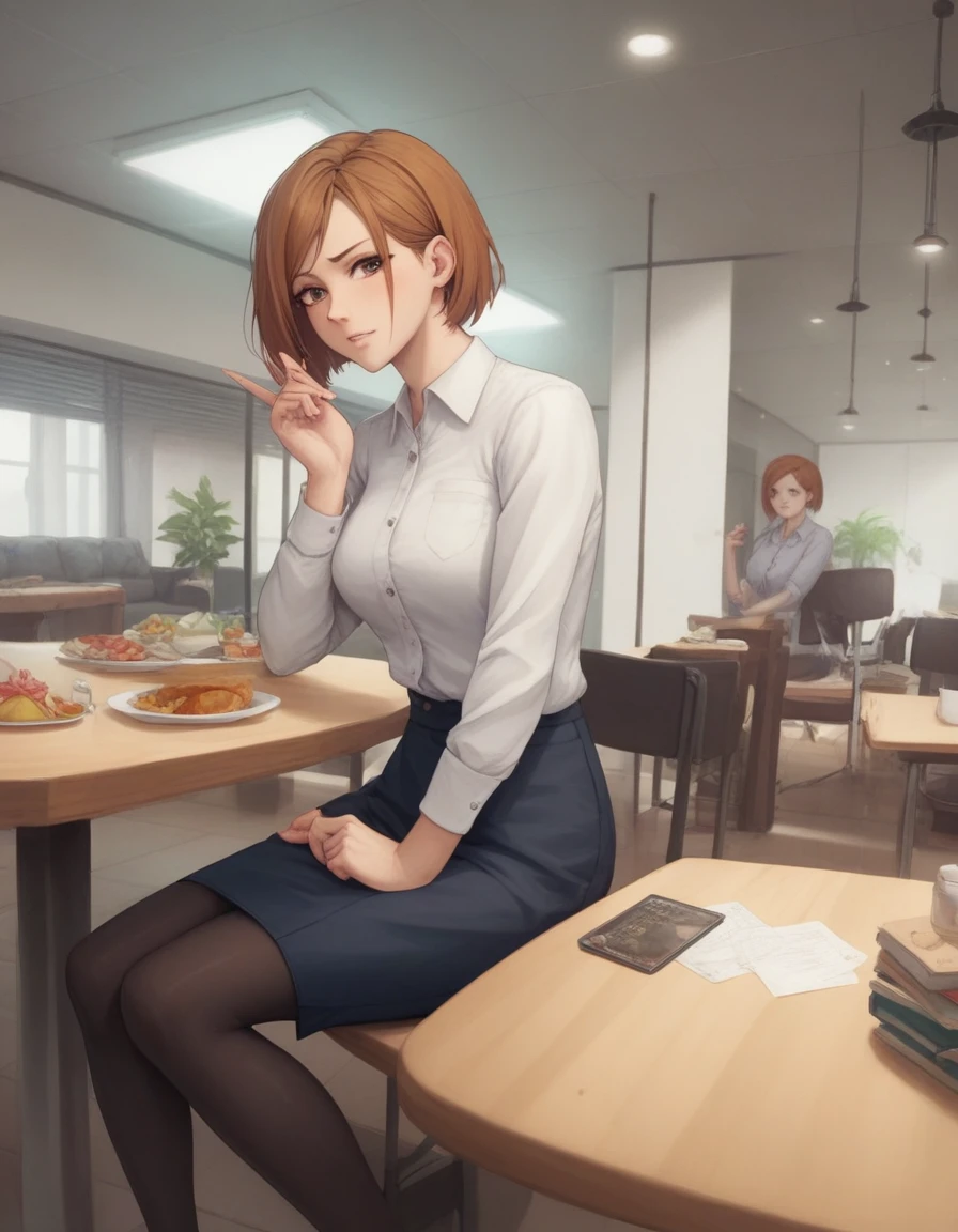 masterpiece,best quality,best details,nsfw,1 girl,short hair,brown hair,brown eyes,precise fingers,dress shirt,skirt,long black tights,long sleeve,a lot of food on the table,big belly,belly stuffing,gastroptosis,sit on a chair,underground room,trapped underground room,Kugisaki Nobara,anime,