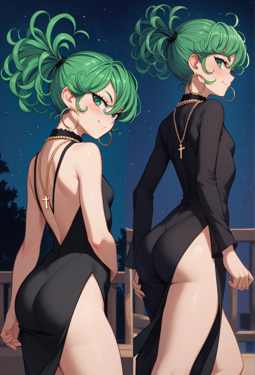 tatsumaki,green hair,curly hair,green eyes, long hair,small breast , Ponytail,
, earrings,hoop earrings,cross necklace,jewelry,poese, High Resolution, Masterpiece, High Quality, Bangs, Hair Over One Eye,  cute, elegant black dress, night, starry sky, romantic setting, smile, blush, hands behind back, cowboy shot, petite, ass, solo
