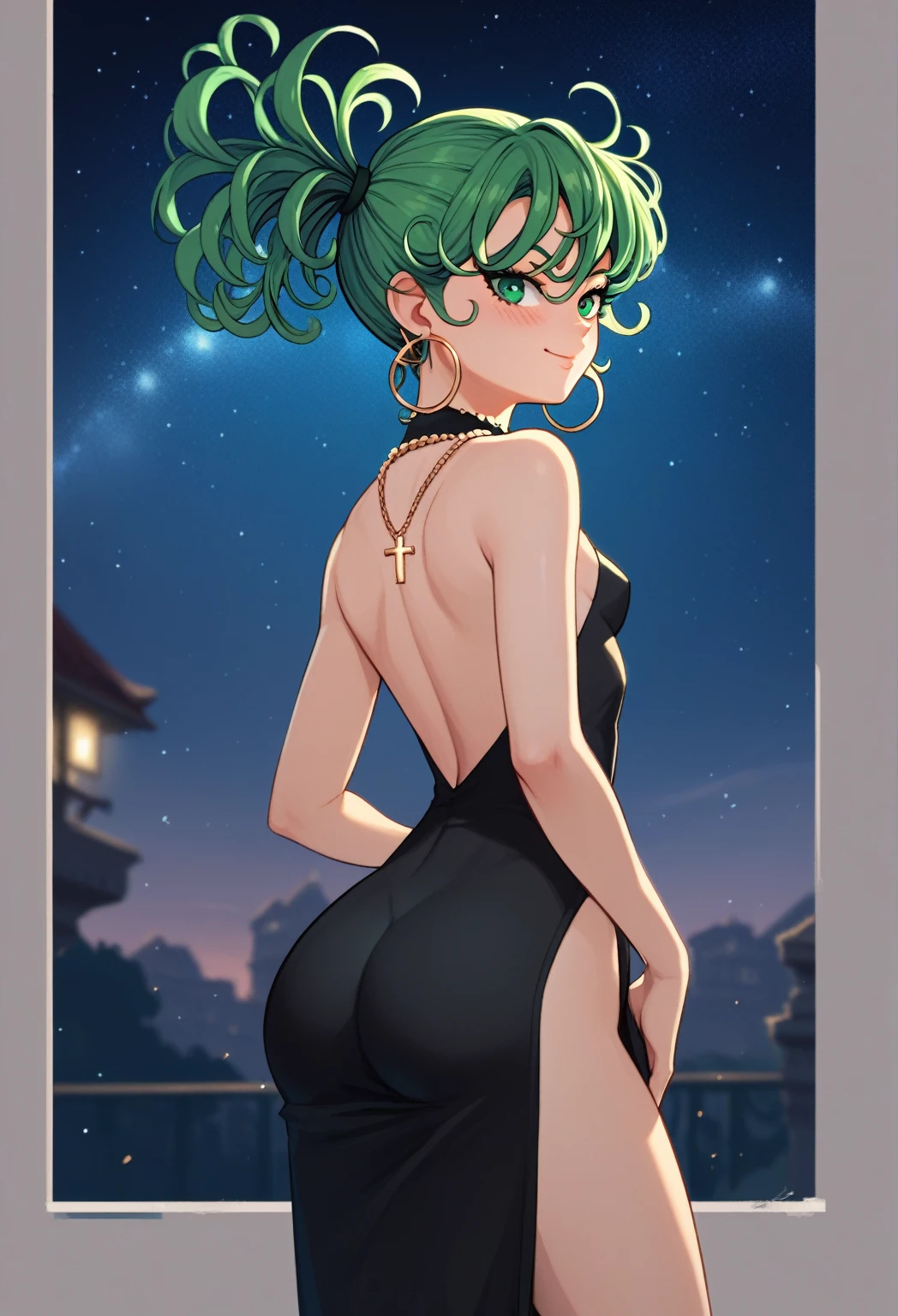 tatsumaki,green hair,curly hair,green eyes, long hair,small breast , Ponytail,
, earrings,hoop earrings,cross necklace,jewelry,poese, High Resolution, Masterpiece, High Quality, Bangs, Hair Over One Eye,  cute, elegant black dress, night, starry sky, romantic setting, smile, blush, hands behind back, cowboy shot, petite, ass, solo
