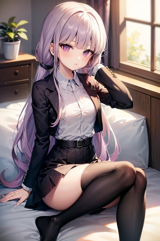 Kyoko kirigiri Wearing white unbuttoned shirt, black skirts, long socks, lavender hair with french braid, busty, small waist, thighs