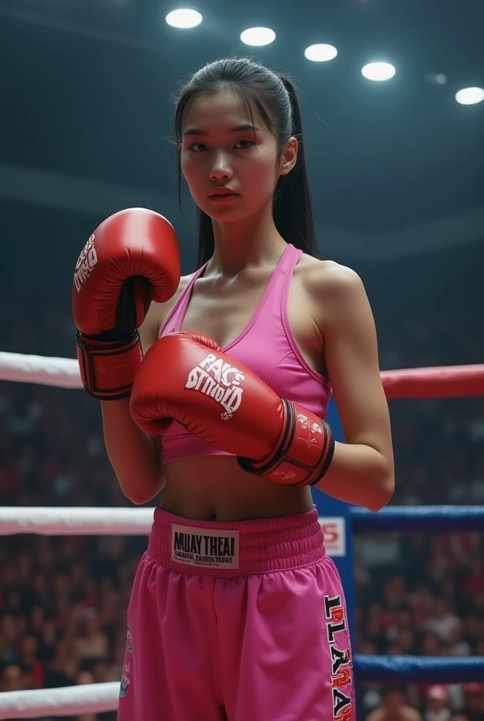 Professional female bantamweight boxer、18-year-old、Wearing a tight tank top and short running pants, clench one's fist、With a confident smile, She clenches her fist and attacks the viewer..、in a dynamic pose、boxing ring、During a boxing match、The crowd is gathering。professional lighting、Super realistic、Super detailed、masterpiece、highest quality
