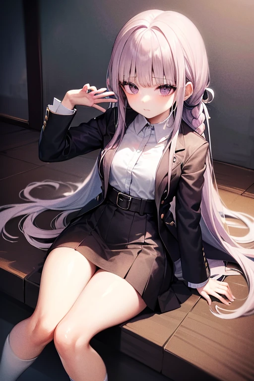 Kyoko kirigiri Wearing white unbuttoned shirt, black skirts, long socks, lavender hair with french braid, busty, small waist, thighs