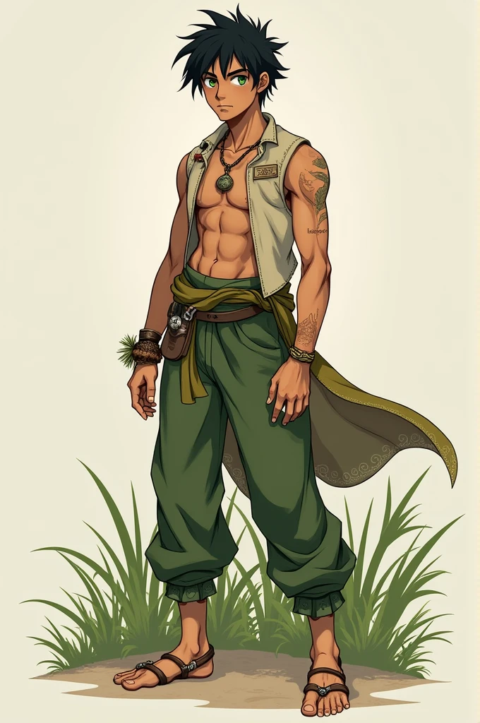 He is an adult indigenous man with Mexican features, and sun-kissed brown skin. His short black hair contrasts with his intense, expressive dark eyes. High, well-defined cheekbones complement his sharply contoured face. His pointed ears add a unique and distinctive detail to his appearance. He exudes a strong, serene presence, deeply connected to his cultural roots, Full body, master piece, character sheet, character sheet, character sheet.
