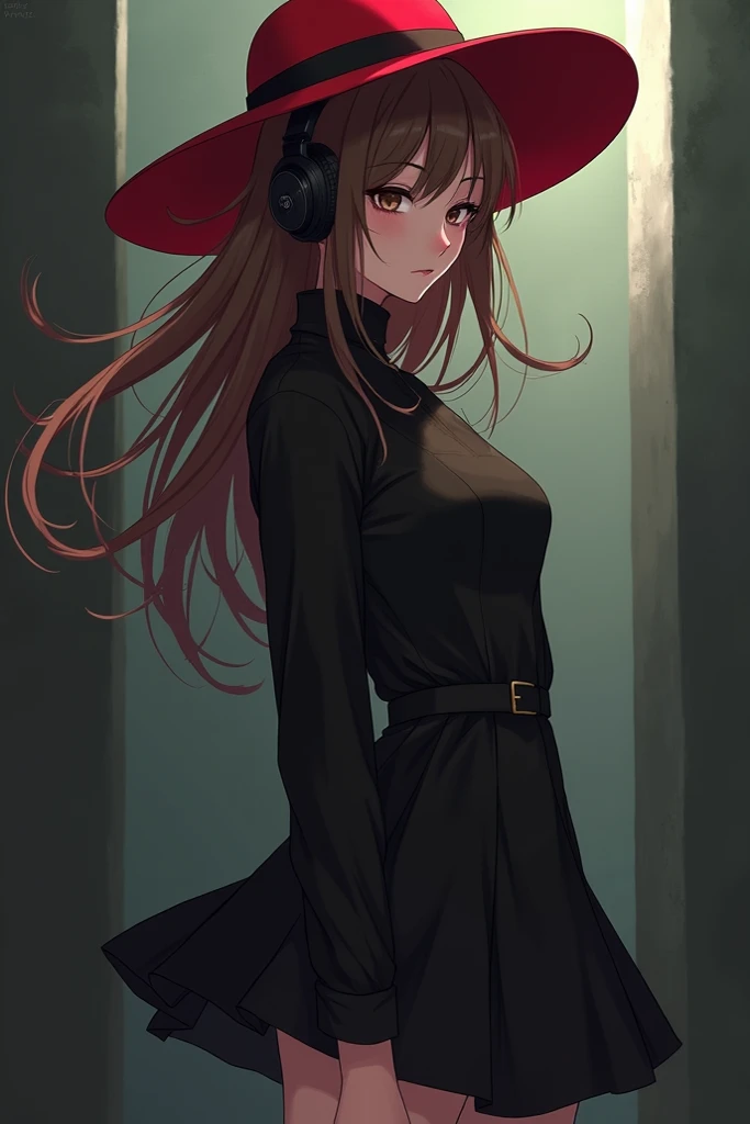 A faithless girl in an anime version with brown hair wearing a black mafia dress a red hat, black headphones in the ears