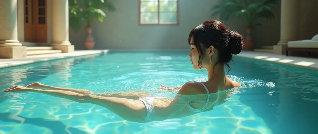 Create a Disney Pixar Style 3D Poster *Young brunette woman taking bath sitting on the floor and all wet