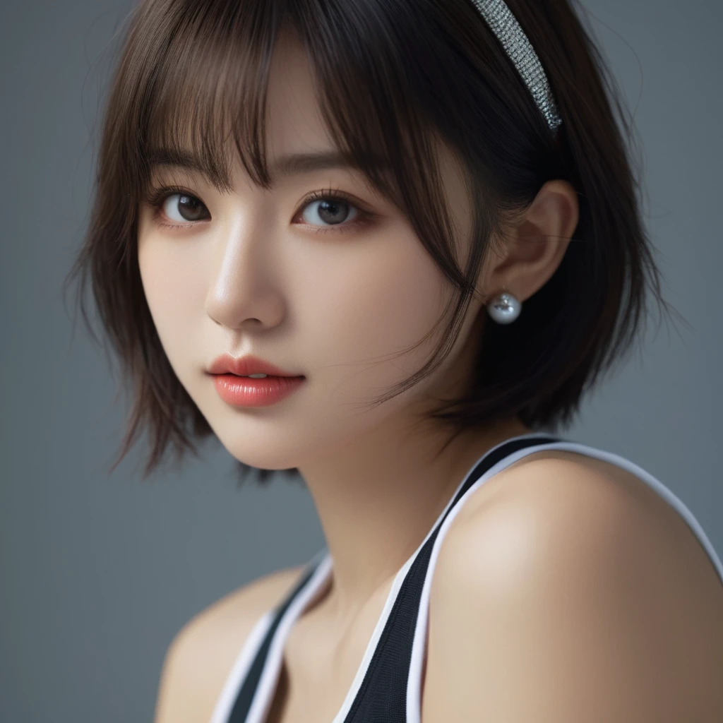 Korean woman male medium short black hair, without makeup and without bangs, with a tank top and a low neckline 