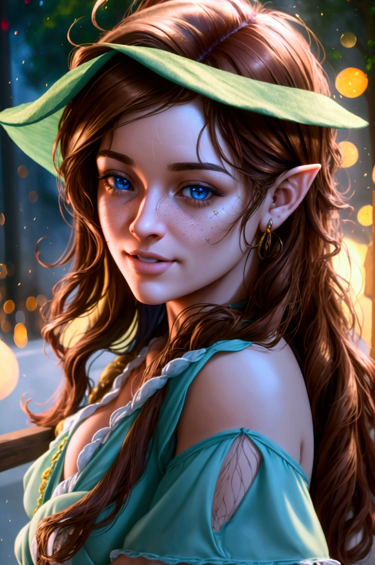 A beautiful 20 year old adventurous elf girl, with long brown hair, happy expression, (best quality,4k,8k,highres,masterpiece:1.2),ultra-detailed,(realistic,photorealistic,photo-realistic:1.37),HDR,UHD,studio lighting,ultra-fine painting,sharp focus,physically-based rendering,extreme detail description,professional,vivid colors,bokeh