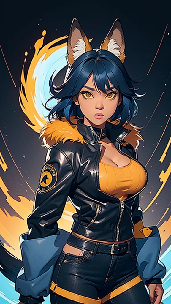 a black skin woman with blue hair, orange-yellow fox ears is posing in a black leather jacket and blue jeans, kitsune girl with orange-yellow fur, nine-tailed fox woman, black skinned fox woman extremely detailed artgerm, 2D style artgerm, 2D anime woman, big breasts, 2D anime illustration | high detail, anime woman, 2D