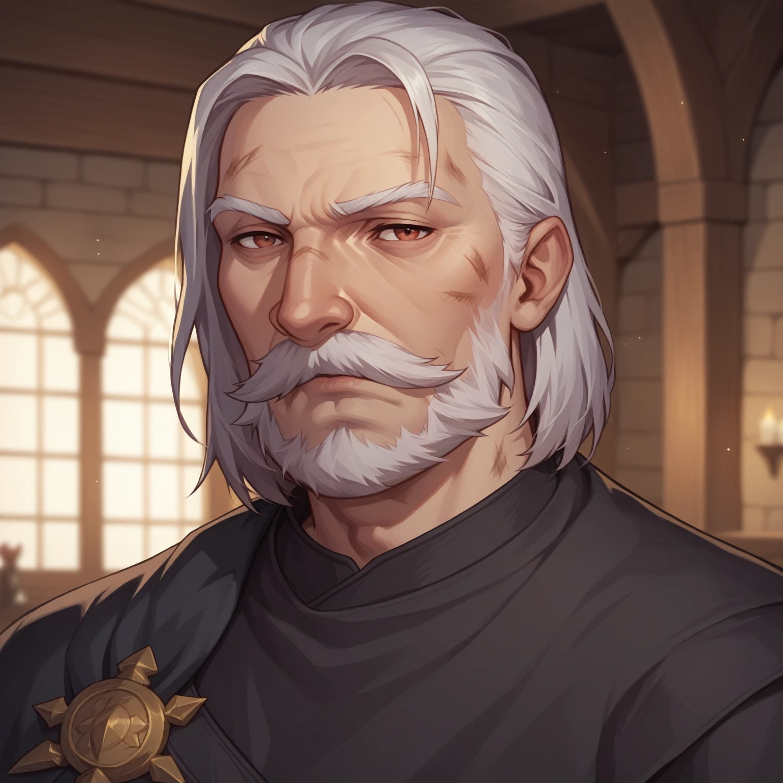 (((beautiful, high quality, detailed face))), score_9, score_8_up, score_7_up, BREAK, ((old man:1)), mustache, beard, medium hair, straight hair mage, dirty robes, mage robes, black cloak, solo, portrait, upper body, portrait, facing viewer, serious face, tired look, fantasy tavern, blurred background, Expressiveh, detailxl