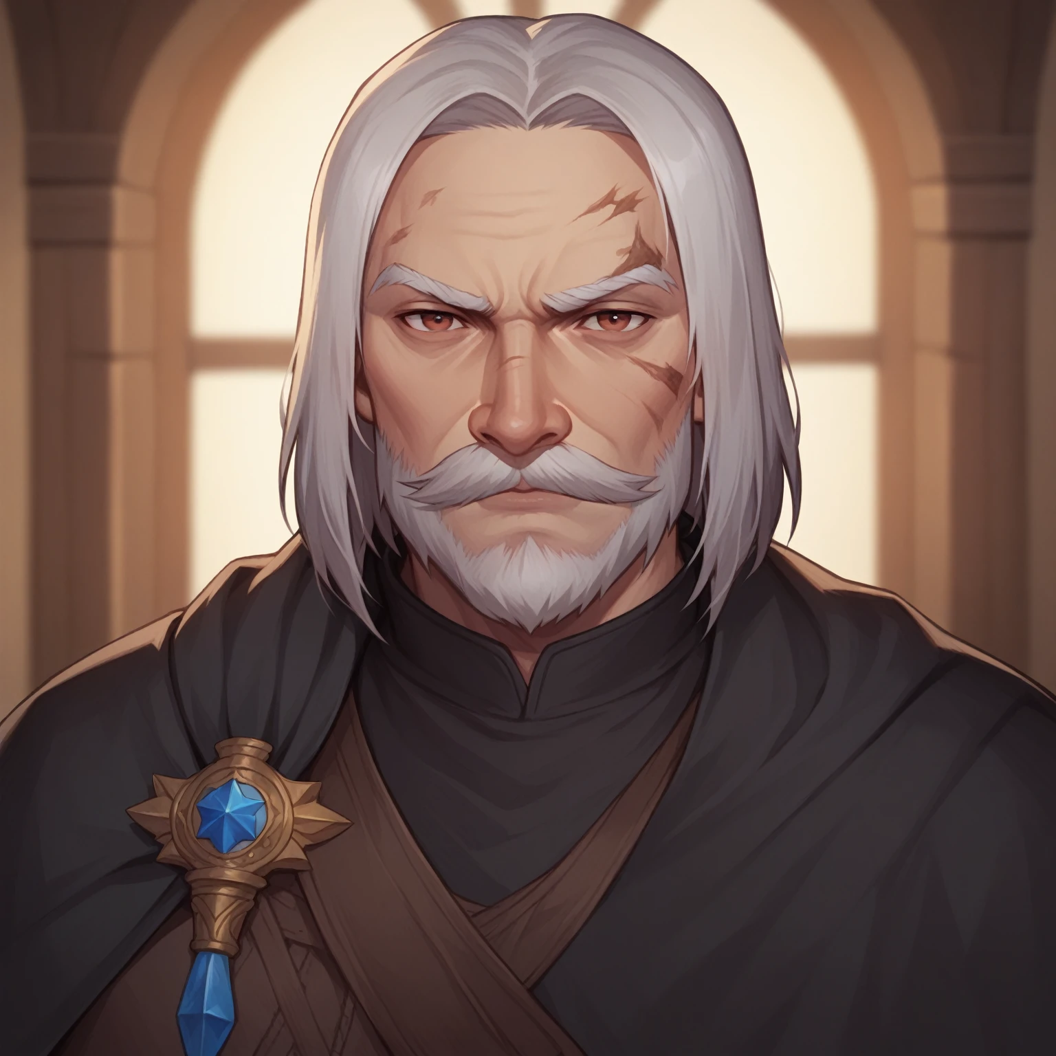 (((beautiful, high quality, detailed face))), score_9, score_8_up, score_7_up, BREAK, old man, mustache, beard, medium hair, straight hair mage, dirty robes, mage robes, black cloak, solo, portrait, upper body, portrait, facing viewer, serious face, tired look, fantasy tavern, blurred background, Expressiveh, detailxl