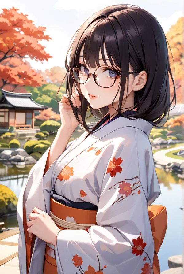 Black hair, glasses, Japanese kimono, autumn garden, Japanese garden,