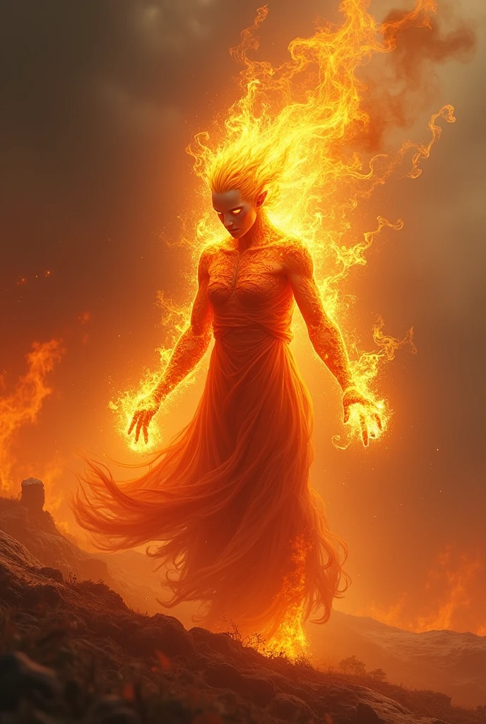 Make a spirit that their entire body is made of black fire , that they throw fire from their hands, that they have an aura of fire 