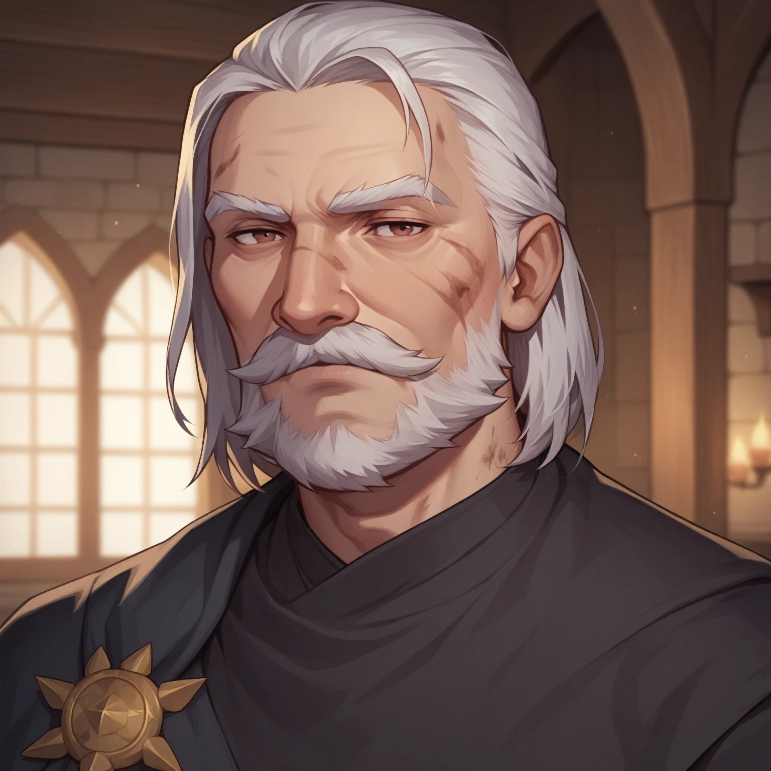 (((beautiful, high quality, detailed face))), score_9, score_8_up, score_7_up, BREAK, ((old man:1)), mustache, beard, medium hair, straight hair mage, dirty robes, mage robes, black cloak, solo, portrait, upper body, portrait, facing viewer, serious face, tired look, fantasy tavern, blurred background, Expressiveh, detailxl