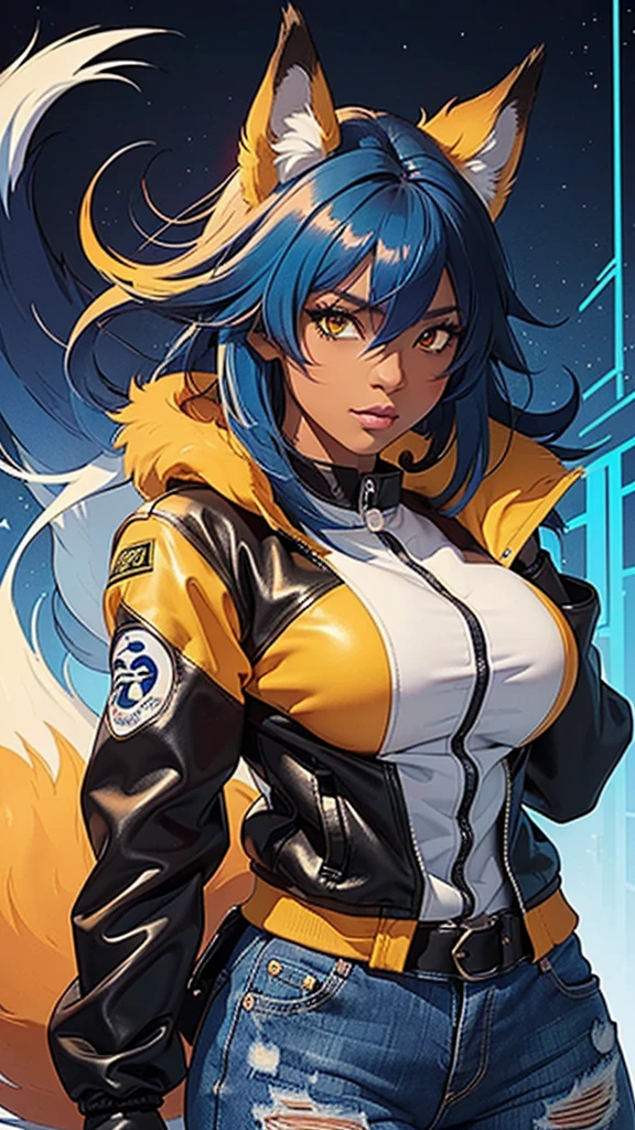 a black skin woman with blue hair, orange-yellow fox ears is posing in a black leather jacket and blue jeans, kitsune girl with orange-yellow fur, nine-tailed fox woman, black skinned fox woman extremely detailed artgerm, 2D style artgerm, 2D anime woman, average breasts, 2D anime illustration | high detail, anime woman, 2D