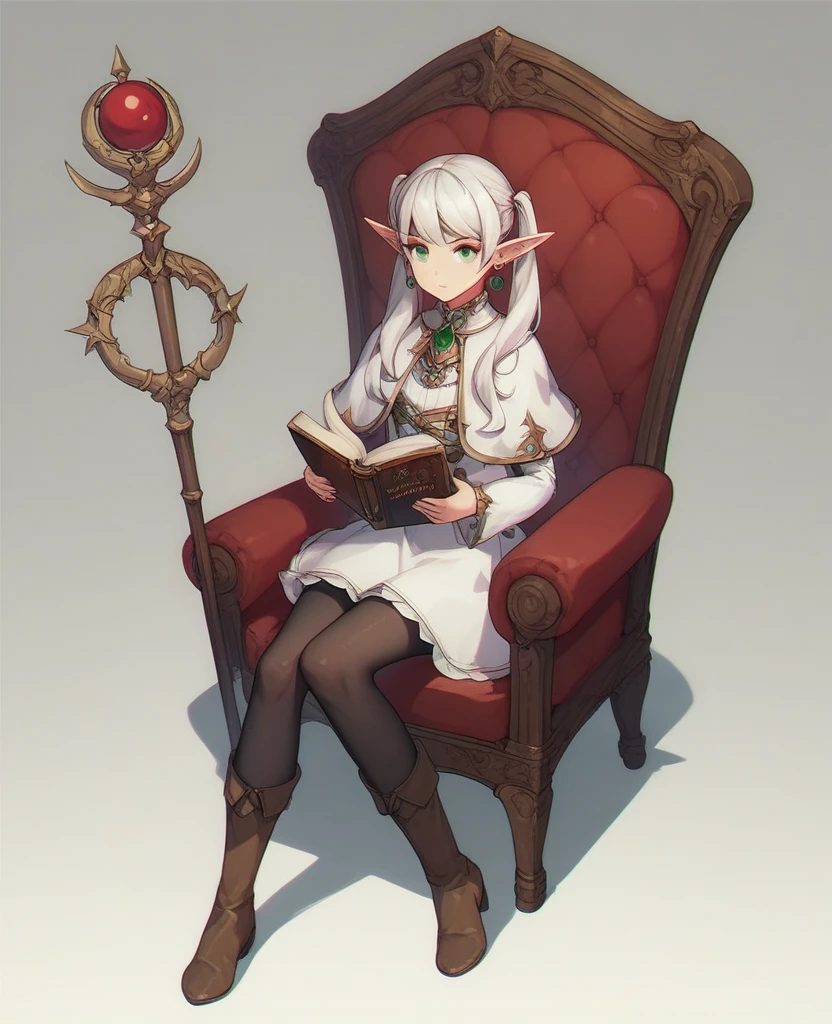 1girl, belt, black pantyhose, boots, brown footwear, capelet, character name, dangle earrings, dress, earrings, elf, frieren, full body, green eyes staff, jewelry, long hair, long sleeves, pantyhose, pointy ears, sit, sit on chair, holding book, read book,  view 3/4 solo, staff, twintails, white capelet, white dress, white hair