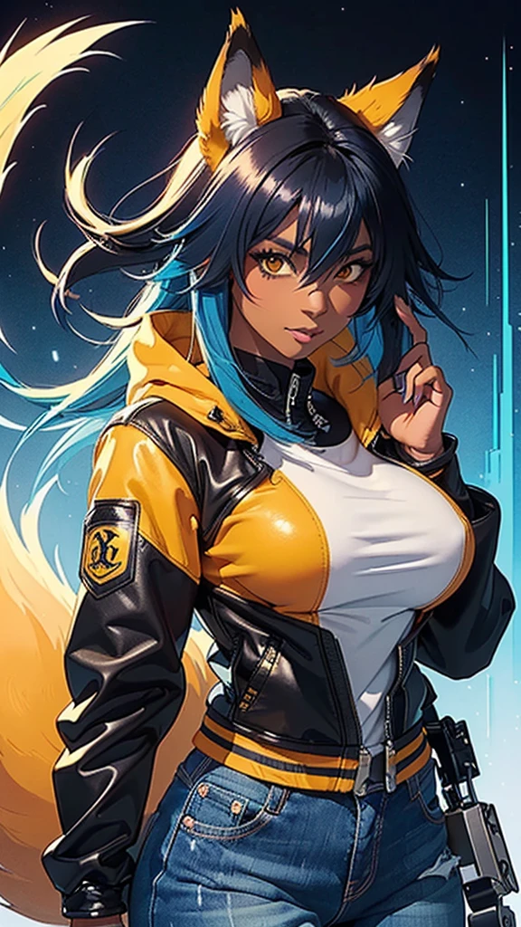 a dark black skin woman with blue hair, orange-yellow fox ears is posing in a black leather jacket and blue jeans, kitsune girl with orange-yellow fur, nine-tailed fox woman, dark black skinned fox woman extremely detailed artgerm, 2D style artgerm, 2D anime woman, average breasts, 2D anime illustration | high detail, anime woman, 2D