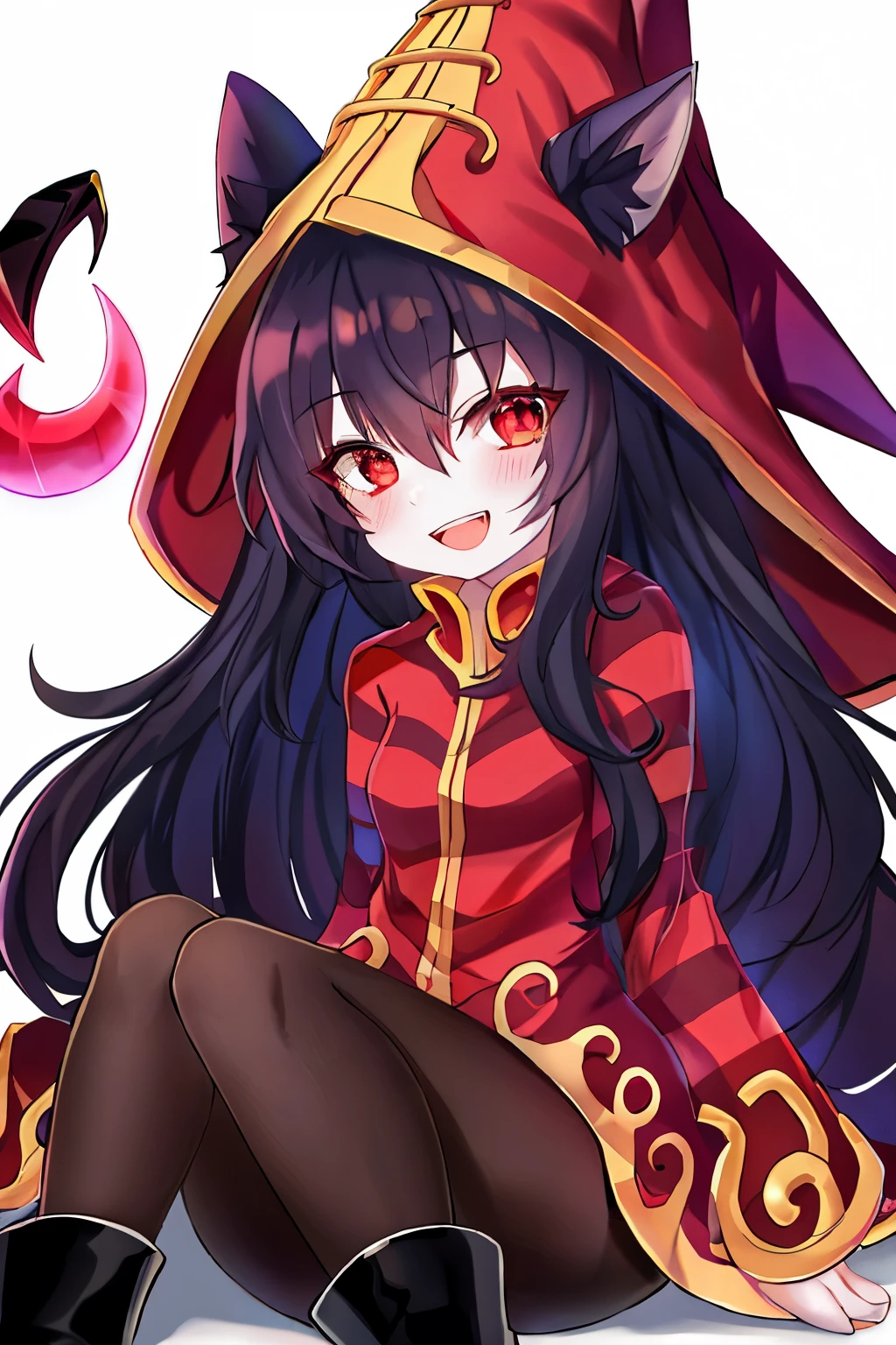 Room, lulu (League of Legends), 1girl,  animal ears , Black pantyhosebloom, blush, boots, colorful skin, dress, taken,  full body ,  red eyes , happy, , League of Legends, long sleeves, open mouth, panthyhose,  black hair , white pele,  Hair Between Eyes , Red highlights, Pointed ears, smile, Alone, striped, witch hat, yordle