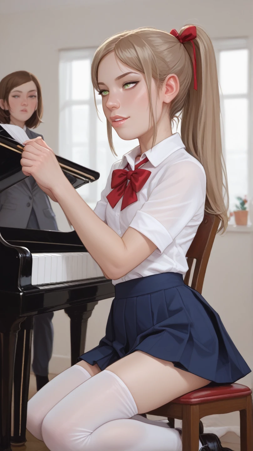   with long light brown hair ,  that she keeps in a ponytail ,  tied in a long bow . She has emerald green eyes .

 She wears a typical school uniform ,  stockings, which is a gray blazer with a white ,  on which there is a red ribbon .  She also wears a dark blue skirt with dark blue ,  shirt that is stripped very different from other club members' white socks . Unlike other girls ,  she wears red and white uwabaki in piano class