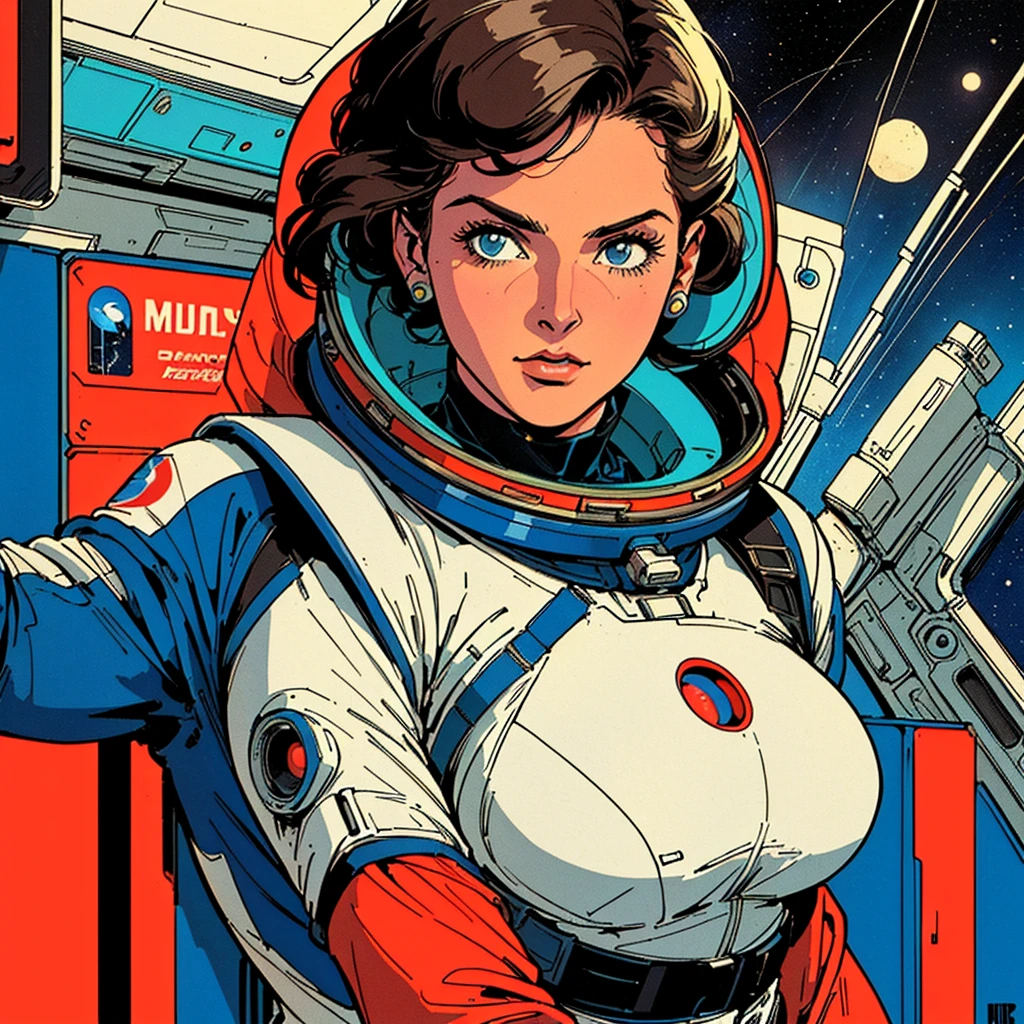 ((( Best Quality Masterpiece ))),(((Absolutely 1 woman))),(spacesuit that emphasizes cleavage ),((( 70s and 80s space thriller movie posters))),( American Comics ),((( retro vintage style ))),Overwhelmingly complex depiction,Absolute machine group background, futuristic cyberpunk ,Extremely accurate and delicate depiction,