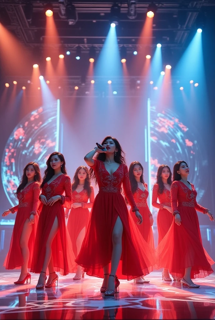 Create creative art scenes by singing on stage with artificial intelligence in front of an enthusiastic audience. AI girl in red dress standing on the holographic stage、Imagine that,Play music with digital licenses and emotions. The beautiful scene combined with the audience's response, Light production, and a futuristic music experience,8K.High quality,Ultra photo realsisim,