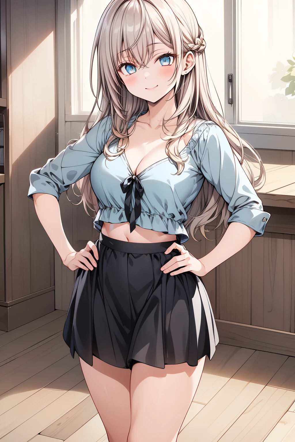 (masterpiece), (best quality), (ultra-detailed), (high resolution), (8K), (sharp focus), (perfect lighting), (natural colors), (anime style), (soft shading)

Alisa, (beautiful young woman), (long blonde hair), (blue eyes), (blushing slightly), (cute smile), (elegant posture)

Outfit: (casual attire), (light blue top), (V-neck with subtle cleavage), (mini skirt), (form-fitting), (showing midriff), (bare legs), (relaxed pose)

Scene: (inside a cozy house), (warm lighting), (soft shadows), (simple interior), (wooden floor), (background blur), (gentle atmosphere)

Pose: (standing casually with one hand on hip), (leaning slightly), (looking towards the viewer with a playful expression), (confident yet gentle demeanor)