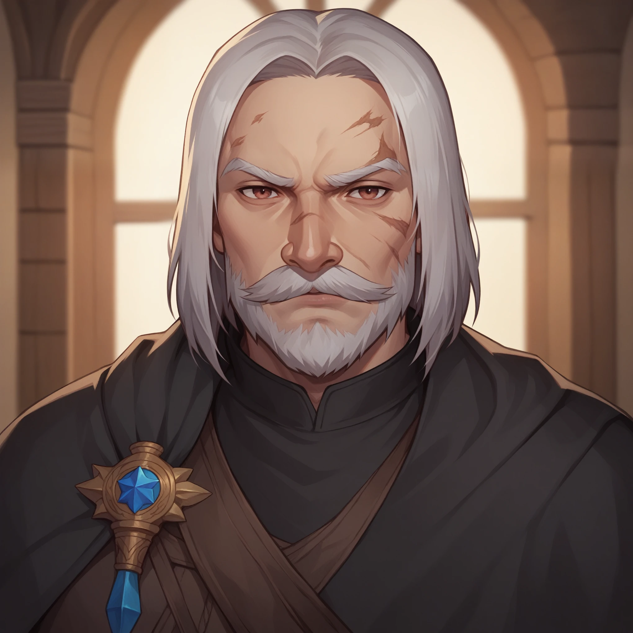 (((beautiful, high quality, detailed face))), score_9, score_8_up, score_7_up, BREAK, old man, mustache, beard, medium hair, straight hair mage, dirty robes, mage robes, black cloak, solo, portrait, upper body, portrait, facing viewer, serious face, tired look, fantasy tavern, blurred background, Expressiveh, detailxl