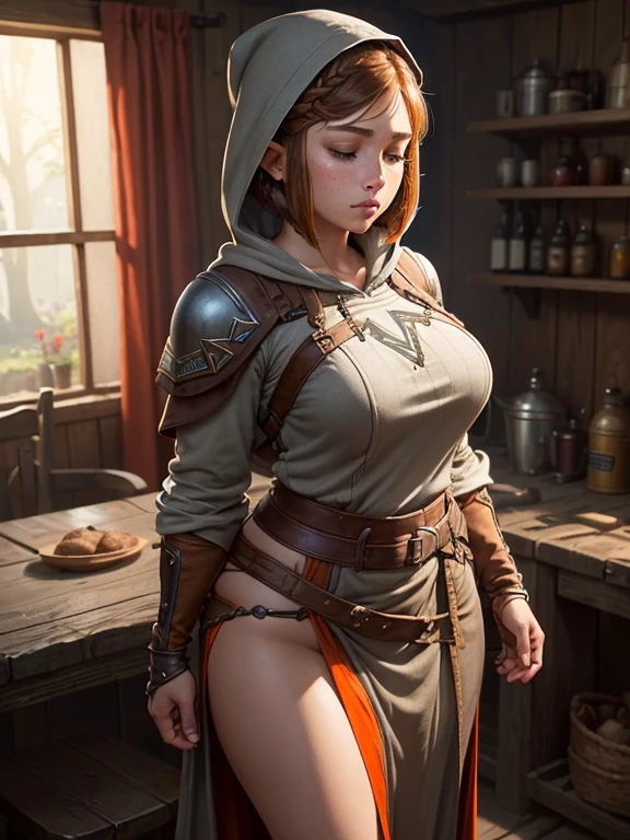 bronze elf girl, big breasts, long hair, alone, hooded belts, chest tattoo, well-built, best quality, 4k, 8k, high resolution, masterpiece: ultra-detailed, realistic, studio lighting, sharp focus, extreme detail depiction, professional, vivid colors