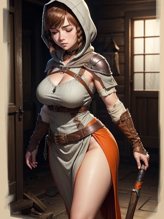 a nude indonesian girl, busty pointy breast, wearing hood, eyeglasses, red cape, leather gloves, leather belt, holding her tits, bushy pubic hair, high leather boots, standing pose, ruin in the dune atmosphere, dramatic ligting, inspired by Ariel Tatum, 8k