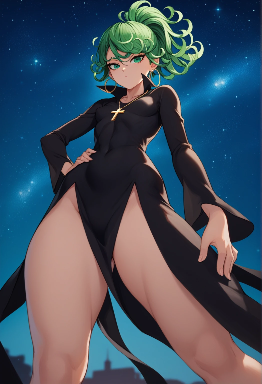 tatsumaki,green hair,curly hair,green eyes, long hair,small breast , Ponytail,
, earrings,hoop earrings,cross necklace,jewelry,poese, High Resolution, Masterpiece, High Quality, Bangs, Hair Over One Eye,  cute,  night, starry sky, romantic setting,  cowboy shot, petite, solo, thick thighs, very sexy thighs, from below
