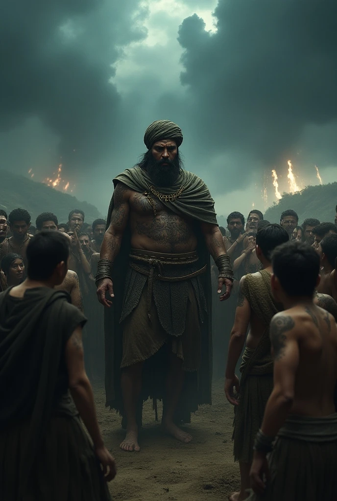 "A dark, ominous palace room where the evil king Kansa stands in anger, surrounded by guards. His sister Devaki and her husband Vasudev are seen in chains, imprisoned in a dimly lit cell. Devaki looks sorrowful yet calm, while Vasudev holds her hand in comfort. The atmosphere is tense, with the prophecy of the eighth child echoing in the air, and Kansa's fear and fury are visible on his face."