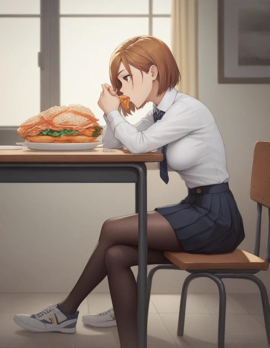 masterpiece,best quality,best details,nsfw,1 girl,short hair,brown hair,brown eyes,precise fingers,dress shirt,skirt,long black tights,long sleeve,a lot of food on the table,belly stuffing,over eating,gastroptosis,sit on a chair,underground room,trapped underground room,Kugisaki Nobara,anime,