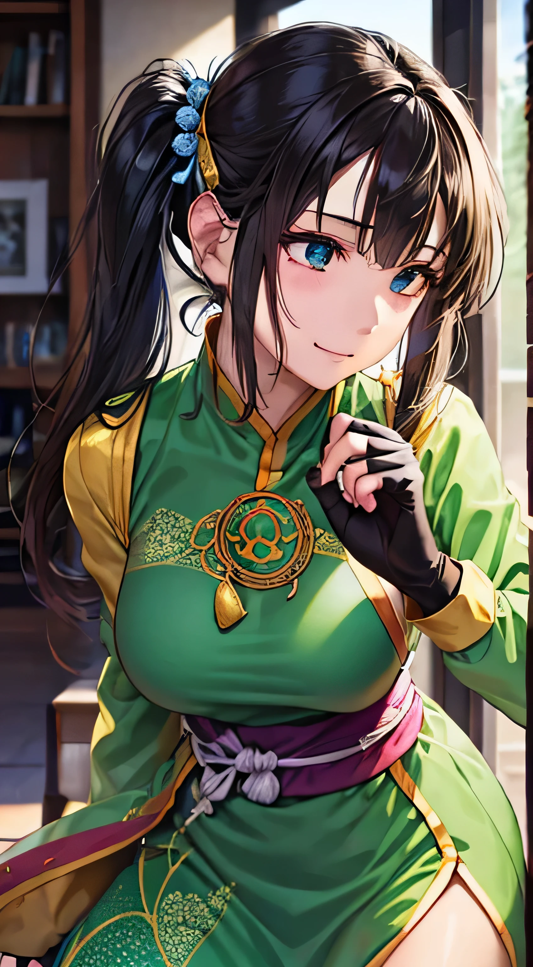 ((masterpiece, best quality, high definition , , Perfect Pixel , 4K, ))), 1 woman, single, , Beauty、 and I can see my whole body、 ( black hair twin tail),( bangs, ), (( beautiful eyes, beautiful lashes, Real Eyes )), (( detail face on the dining table , )), (( smooth texture:0.75, Realistic texture:0.65, Photorealistic:1.1, anime CG style)), (、Sideboob), cabelo o olho esquerdo , perfect body, Martial Artist、、((、 headband、long sleeve green china clothes ,、,sash,Fingerless gloves, beautiful legs, Clenched Fist ))、Prairie with Castle View 、、、 slouching forward、Pose to hold your chest with both arms、 very embarrassed panic smile 、Looking up、、、 、 ( The wind rolled up the skirt、、、、)、