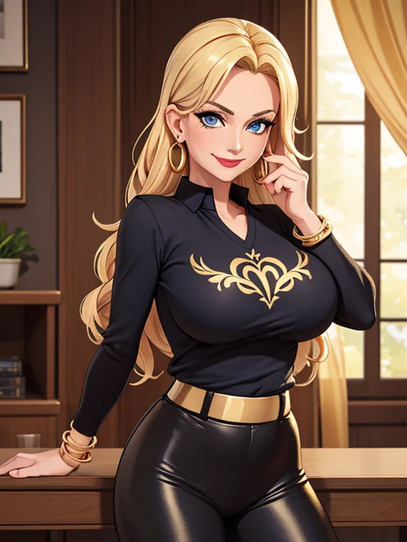 (masterpiece:1.2), best quality, high resolution, unity 8k wallpaper, (illustration:0.8), 1girl, portrait, solo, 48-year-old woman, blonde hair, blue eyes, milf, milf, mature female, mascara, eyeshadow, red lipstick, grinning, sultry, sultry face, wrinkles around the face, (Wearing: Long sleeved V-neck shirt, shiny black leggings, golden earrings, golden bracelets)
