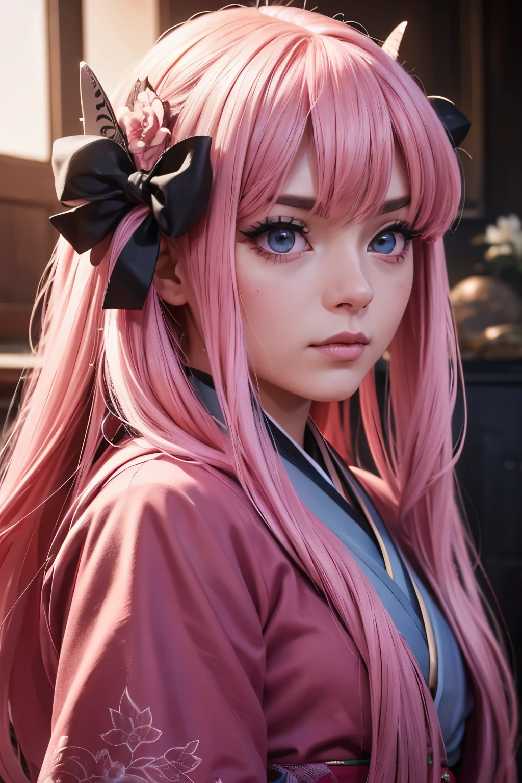 A mitsuri demon slayer, beautiful detailed eyes, beautiful detailed lips, extremely detailed eyes and face, long eyelashes, girl with long pink hair, wearing a pink kimono, fighting against a demon, dramatic lighting, dark fantasy, muted colors, cinematic composition, (best quality,4k,8k,highres,masterpiece:1.2),ultra-detailed,(realistic,photorealistic,photo-realistic:1.37)