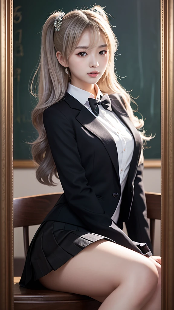 (photogenic, 8k, RAW photo, best quality, masterpiece:1.2), Blazer school uniform, mini skirt, voluptuous body, white hair, sitting at desk, black pants visible through crossed legs, pointing, beautiful face, black underwear, shiny thighs, pure white skin, Japan, school girl, realistic