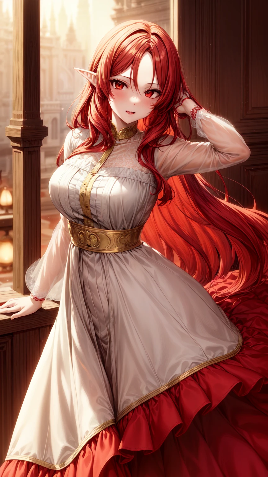 a picture of a woman standing with long blond hair posing over her shoulder, 1girl, long hair, solo, realistic, dress, red hair, blue eyes,