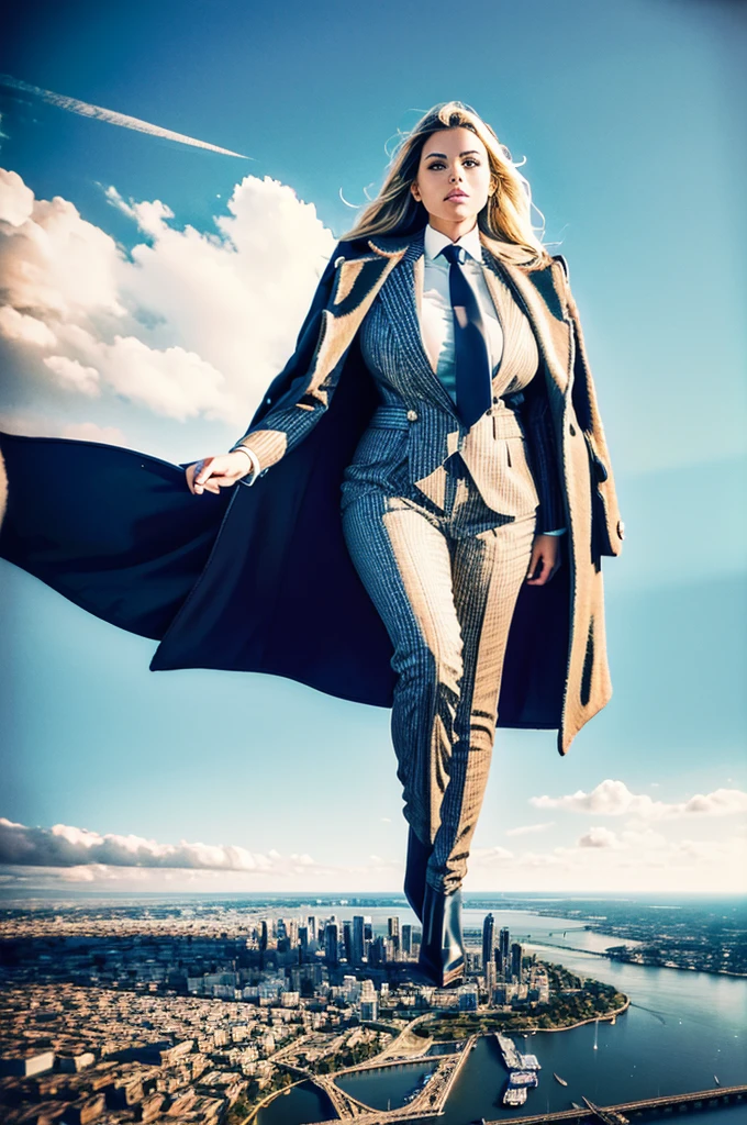 a 10 mile tall sophisticated and stylish curvy giantess in a pinstriped trouser suit, white shirt, and a large wide blue necktie with a really large windsor knot, wearing a warm winter coat on top of suit, with a beautiful, curvaceous figure, massive breasts, and blonde long wavey hair, with a curvaceous figure and massive breasts. wearing rounded high heels boots with uncovered feet and standing, viewed from below looking up at a giantess much bigger than skyscrapers in a rampage-like pose looking down at tiny city, with a cityscape background of mega-city, urban sprawl, and small towns, bright winters day, cloudy atmosphere, snow, The image is a high-resolution, masterpiece-quality, cinematic, ultra-detailed, and hyper-photorealistic photograph, with perfect hands, face, and lighting. ultra-detailed, 8K, photo-realistic, hyper-realistic, masterpiece, intricate details, full body view. Looking at camera, The image is a high-resolution, masterpiece-quality, cinematic, ultra-detailed, and hyper-photorealistic photograph, with perfect hands, face, and lighting. ultra-detailed, 8K, photo-realistic, hyper-realistic, masterpiece, intricate details, full body view